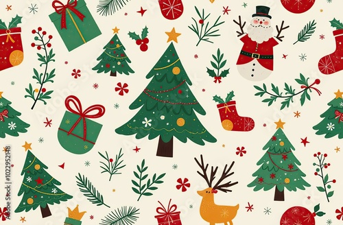 Christmas themed seamless pattern. Vector illustration with simple gradients. Some elements on separate layers.