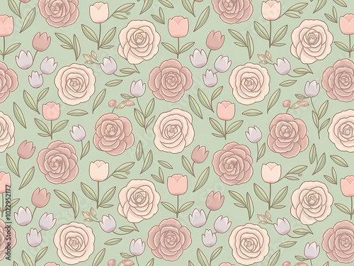 ditsy floral pattern in muted pastel shades, dusty pink flowers and green leaves