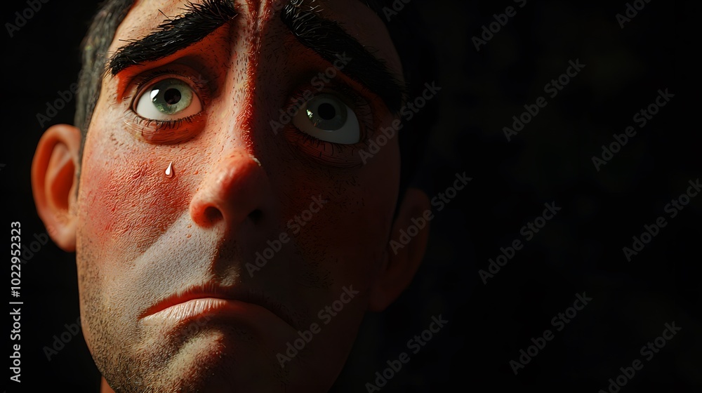 Fototapeta premium Sad Cartoon Character with Tear. 3D Character Illustration on pure background
