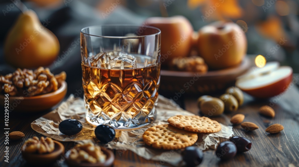 Autumn season. Rustic still life with whiskey and snacks. Crystal glass with a beautiful pattern on a wooden table. Snack for whiskey on crumpled paper olives, crackers, cheese, almonds, pear, apple. Autumn season. Rustic still life with whiskey and snacks. Crystal glass with a beautiful pattern on a wooden table. Snack for whiskey on crumpled paper olives, crackers, cheese, almonds, pear, apple.
