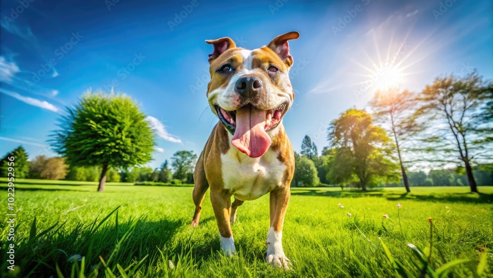 Playful English Staffordshire Terrier in a Sunny Park Setting with Green Grass and Blue Sky Playful English Staffordshire Terrier in a Sunny Park Setting with Green Grass and Blue Sky