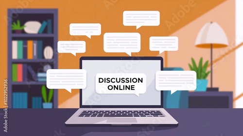 Discussion Online. Communication Concept with White Speech Bubbles and Modern Laptop Computer