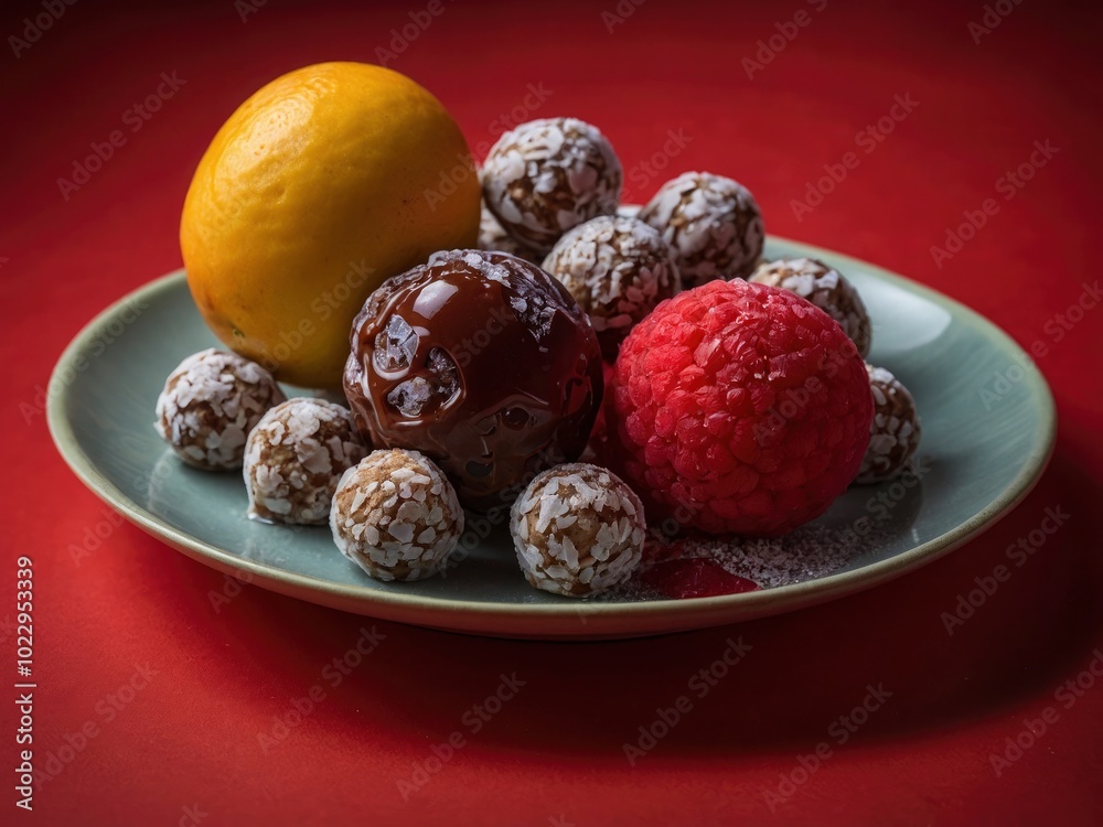 Exotic fruits ice cream balls in nice plate on red background. Tropical ice cream balls on red plate Exotic fruits ice cream balls in nice plate on red background. Tropical ice cream balls on red plate