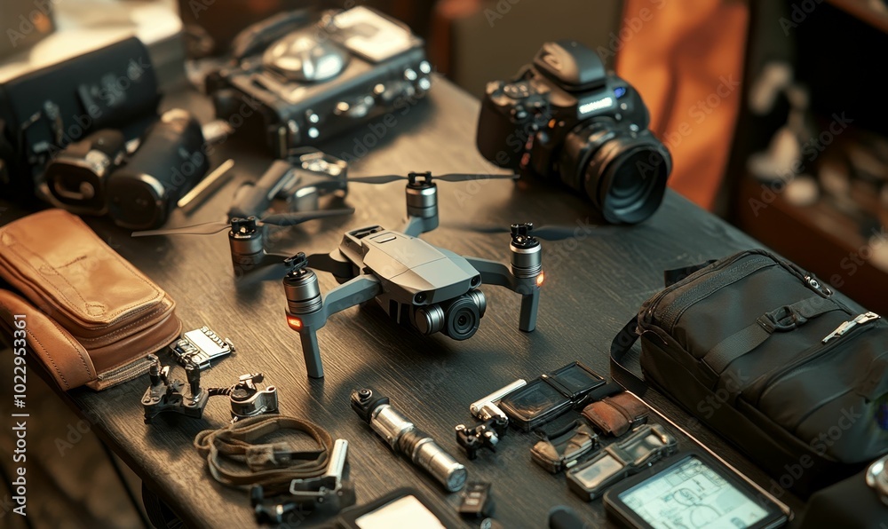 Naklejka premium Drone, camera, and accessories on table.