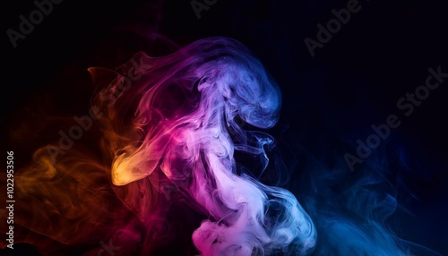 Colorful smoke clouds close up. Whole black background.