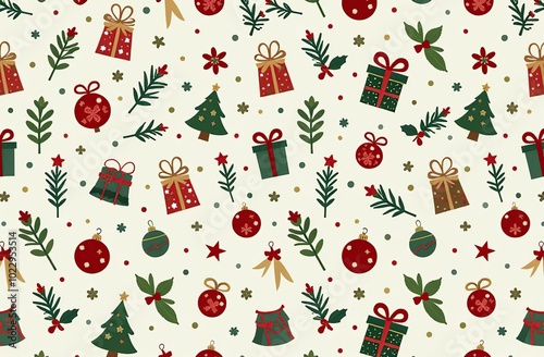 Christmas themed seamless pattern. Vector illustration with simple gradients. Some elements on separate layers.