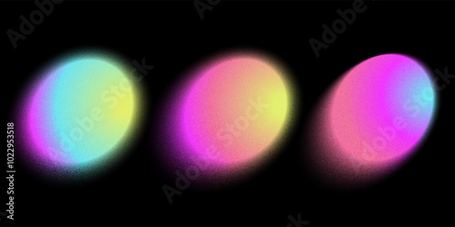 Set of burred pink color circle gradient noise gradation. Abstract colorful watercolor blur mesh shape on black background. Gradient aura, grain neon blob with noise effect. eps10 vector illustration.