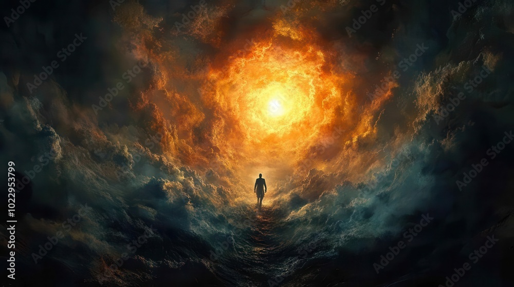 a man traversing a dark valley moving toward a radiant heavenly light symbolizing faith and trust in god with dramatic shadows enhancing the spiritual mood of the scene a man traversing a dark valley moving toward a radiant heavenly light symbolizing faith and trust in god with dramatic shadows enhancing the spiritual mood of the scene