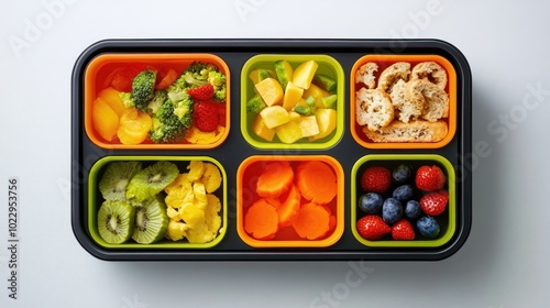 Black lunchbox, different foods in compartments, colorful, set against a simple backdrop.