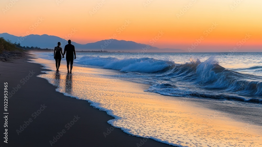 Couple Silhouetted Against a Sunset Over a Beach with Waves Couple Silhouetted Against a Sunset Over a Beach with Waves