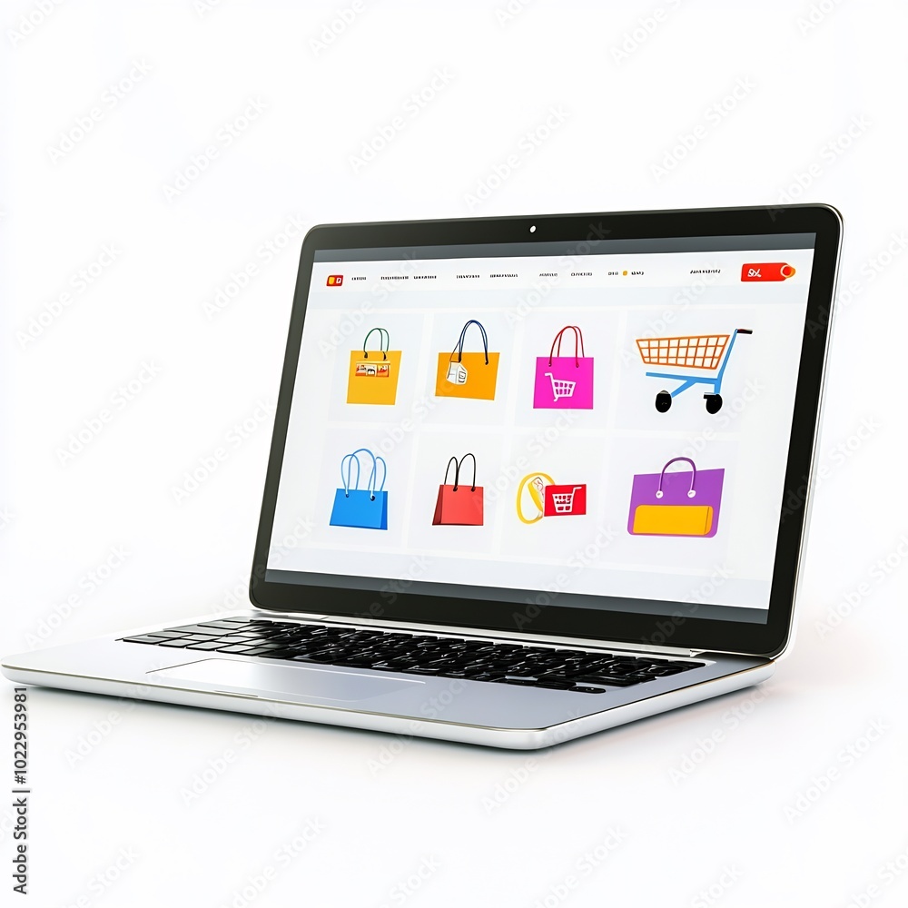 Laptop with an online shopping screen, white background, digital shopping concept Laptop with an online shopping screen, white background, digital shopping concept
