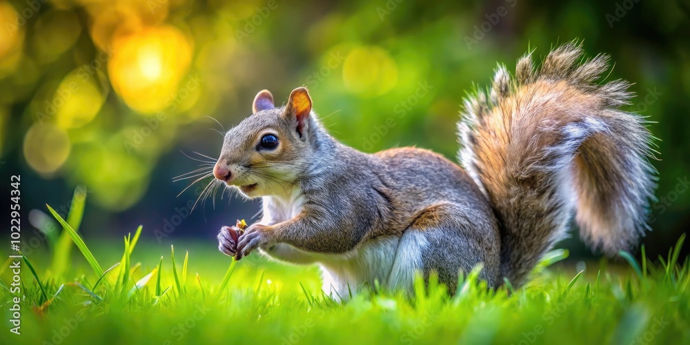 Playful Gray Squirrel foraging in a lush green park, capturing nature's beauty and wildlife diversity Playful Gray Squirrel foraging in a lush green park, capturing nature's beauty and wildlife diversity