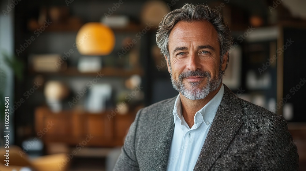 a mature confident businessman stands in an office setting smiling at the camera embodying professionalism with a touch of warmth and approachability in his demeanor a mature confident businessman stands in an office setting smiling at the camera embodying professionalism with a touch of warmth and approachability in his demeanor