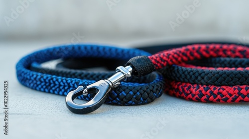 Blue, red, and black training leashes made of sturdy reflective rope material, ideal for medium to large dogs, displayed on a neutral surface