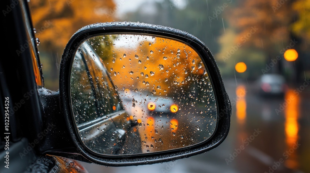 Blurred visibility through a car side mirror, with raindrops scattered across the surface. Blurred visibility through a car side mirror, with raindrops scattered across the surface.