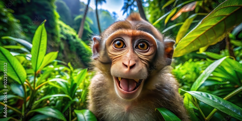 Playful Monkey Engaging in Mischievous Behavior in a Tropical Jungle Setting Full of Greenery Playful Monkey Engaging in Mischievous Behavior in a Tropical Jungle Setting Full of Greenery