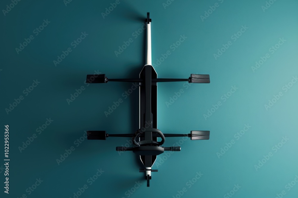 A top view of a rowing machine against a teal wall, showcasing its oars and controls for indoor fitness workouts A top view of a rowing machine against a teal wall, showcasing its oars and controls for indoor fitness workouts