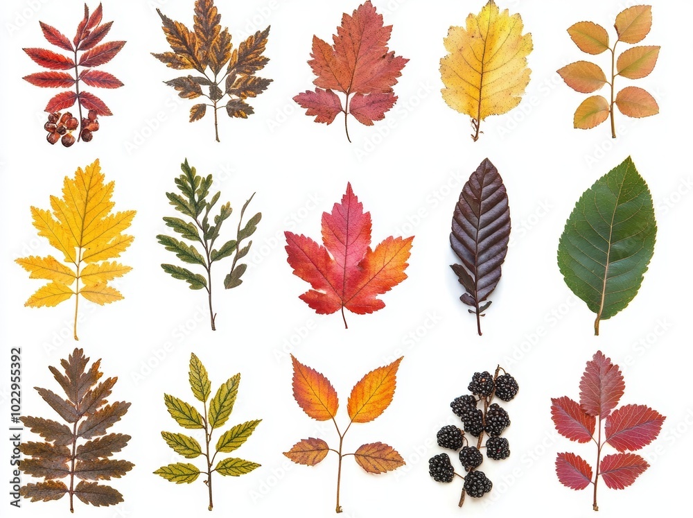 A collection of autumn leaves isolated on a white background