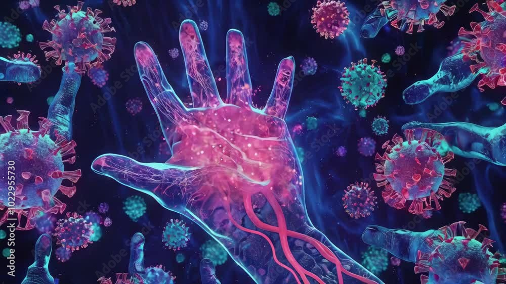 video of Cartoon microbe on a human hand’s surface, illustrating hygiene, with a background of bacteria and viruses video of Cartoon microbe on a human hand’s surface, illustrating hygiene, with a background of bacteria and viruses