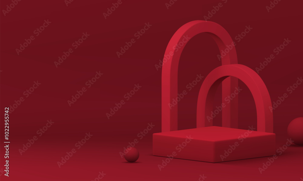 Red 3d podium geometric display mockup for product show realistic vector illustration. Fashion squared pedestal with arch wall background and decorative sphere showroom interior shopping presentation Red 3d podium geometric display mockup for product show realistic vector illustration. Fashion squared pedestal with arch wall background and decorative sphere showroom interior shopping presentation