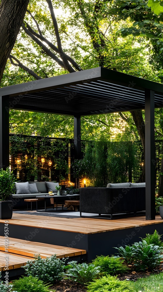 A modern black metal garden canopy with seating, situated in the middle of a lawn, features a minimalistic design A modern black metal garden canopy with seating, situated in the middle of a lawn, features a minimalistic design