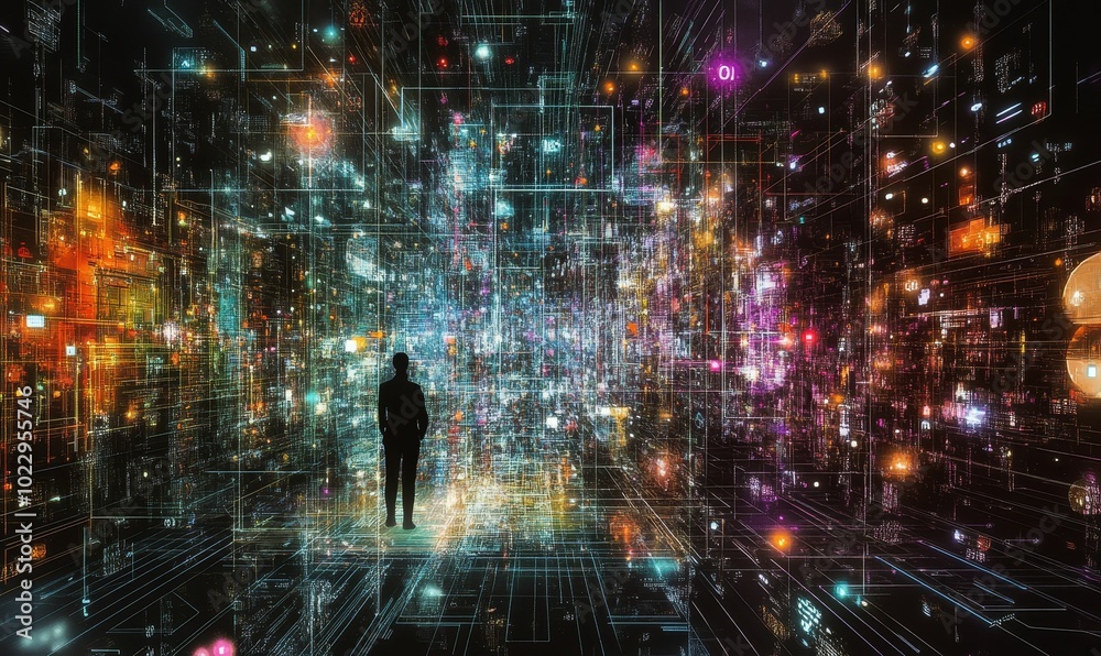 Fototapeta premium Silhouette in colorful digital grid.