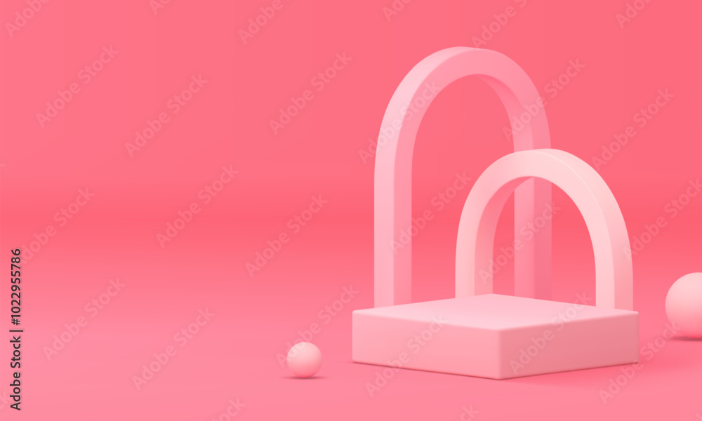 Elegant feminine 3d geometric podium pedestal mockup for show realistic vector illustration. Pink pastel minimalist pedestal display squared platform with arch wall background sphere for presentation