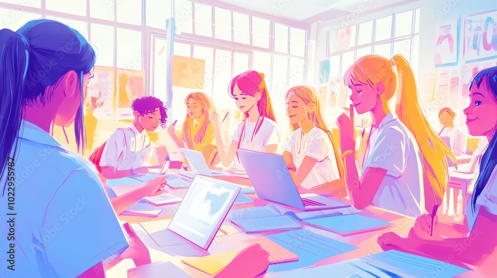 Obraz premium A group of students collaborating on laptops in a vibrant classroom setting.