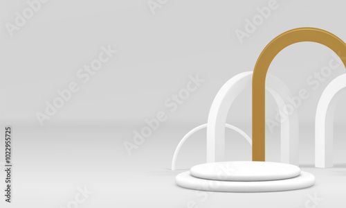 3d white cylinder podium with golden arch wall background realistic vector illustration. Light elegant luxury step pedestal with geometric curved shapes showroom interior space product presentation