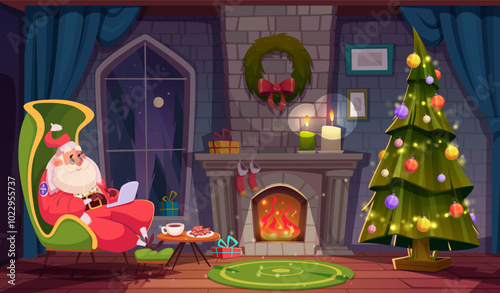 Santa Claus sitting in armchair in living room with Christmas tree and fireplace