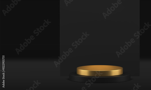 Luxury golden 3d cylinder podium with black wall background mockup for presentation realistic vector illustration. Dark metallic premium round pedestal commercial showcase display fashion product show