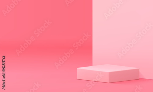 Pink pastel 3d podium with wall background showcase realistic vector illustration. Elegant feminine squared pedestal geometric display for product show commercial advertising promo space interior