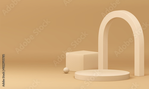 Pastel 3d cylinder podium pedestal with arch cube wall background realistic vector illustration. Beige neutral round squared platform with sphere minimalist aesthetic mock up product show presentation