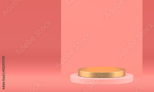 3d cylinder luxury pink podium mockup for beauty cosmetic product show realistic vector illustration. Elegant feminine pastel pedestal golden cylinder platform display for shopping sale presentation