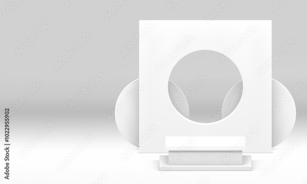 White 3d podium pedestal with geometric wall background for promo realistic vector illustration. Light squared platform with circle hole frame backdrop shopping sale product commercial presentation