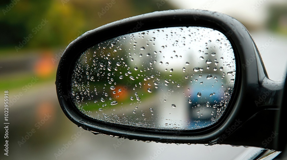 Close-up of a car's side mirror with raindrops, reflecting blurry images, showing reduced visibility. Close-up of a car's side mirror with raindrops, reflecting blurry images, showing reduced visibility.