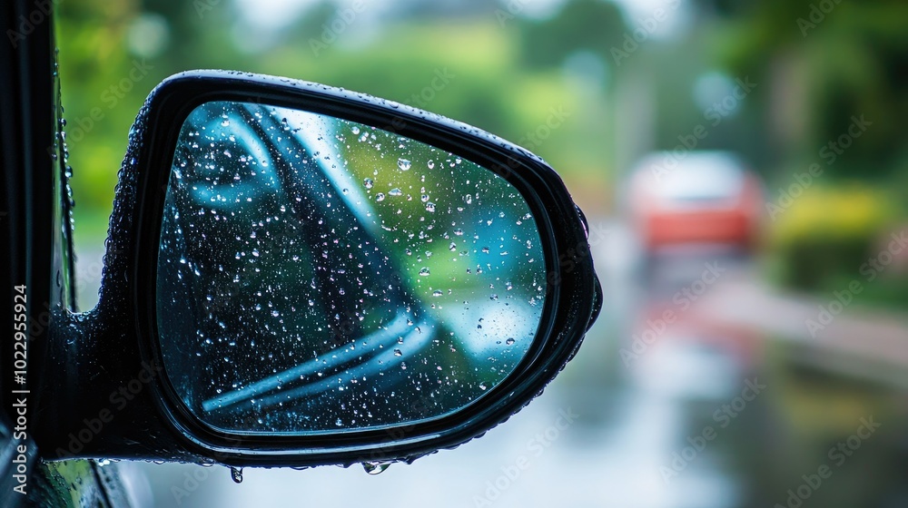 Close-up of a car's side mirror with raindrops, reflecting blurry images, showing reduced visibility. Close-up of a car's side mirror with raindrops, reflecting blurry images, showing reduced visibility.