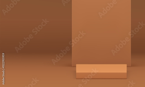 Beige 3d podium with wall background mockup for product presentation realistic vector illustration. Brown neutral squared pedestal empty pastel commercial display for shopping sale promo advertising