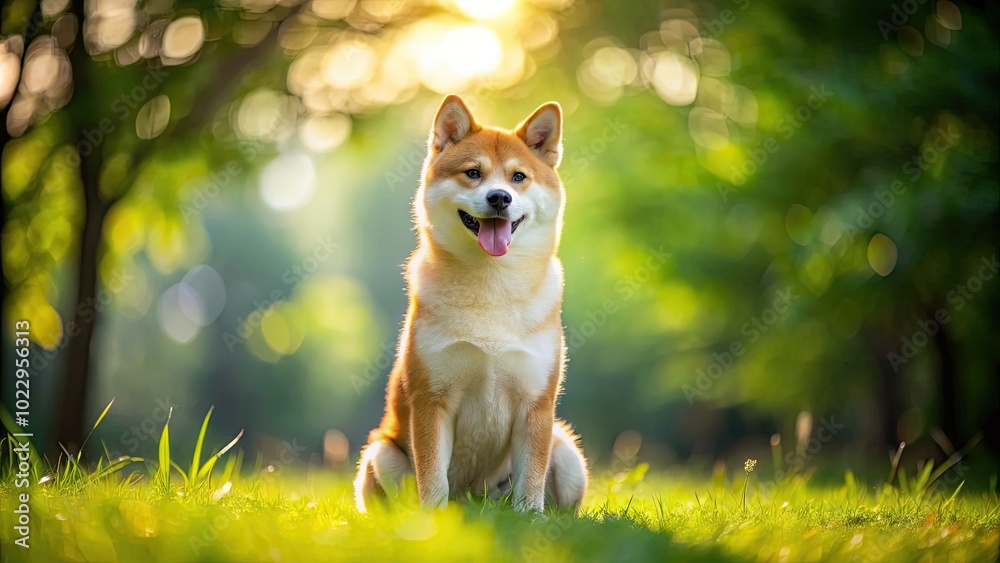 Playful Shiba Inu Dog Sitting on Grass with Bright Green Background in a Sunny Outdoor Setting Playful Shiba Inu Dog Sitting on Grass with Bright Green Background in a Sunny Outdoor Setting