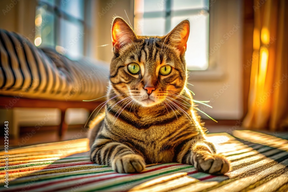 Playful Striped Cat Relaxing in a Sunlit Room, Enjoying a Moment of Peace and Serenity