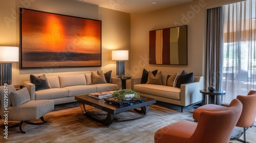 Modern living room interior design featuring cozy seating and warm lighting during the evening