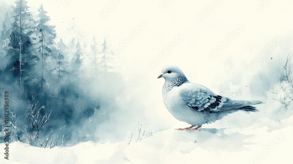 a minimal watercolor illustration of a pigeon set against a tranquil winter landscape featuring soft hues of blue and white evoking a peaceful and serene atmosphere a minimal watercolor illustration of a pigeon set against a tranquil winter landscape featuring soft hues of blue and white evoking a peaceful and serene atmosphere