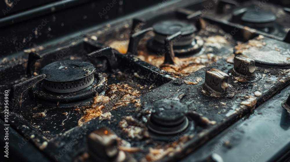 Close-up of a soiled stove, caked grease around burners, dirty metal surface. Close-up of a soiled stove, caked grease around burners, dirty metal surface.