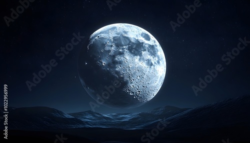 A Large, Cratered Moon Hanging Over a Dark, Wavy Landscape