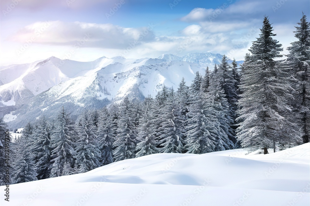 Snowy winter mountain landscape with fir trees Snowy winter mountain landscape with fir trees
