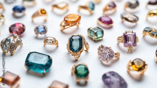 Close-up of a variety of colorful gemstone rings displayed against a pristine white background, highlighting their unique shapes and colors