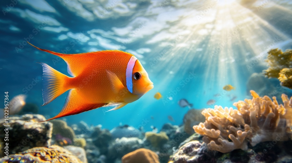 Fototapeta premium Vibrant Orange Fish Swimming in Clear Ocean Waters