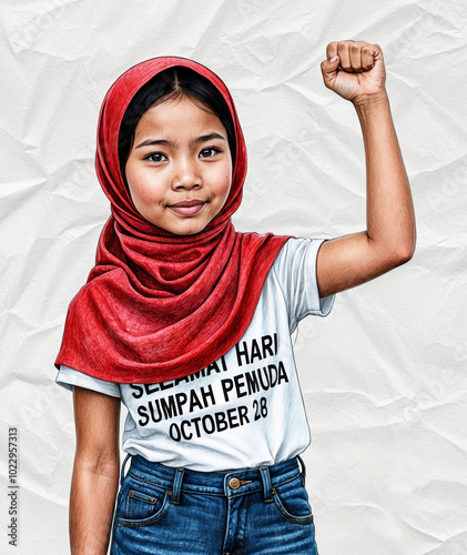 Young Asian girl clenches her fist for Indonesian Sumpah Pemuda Day