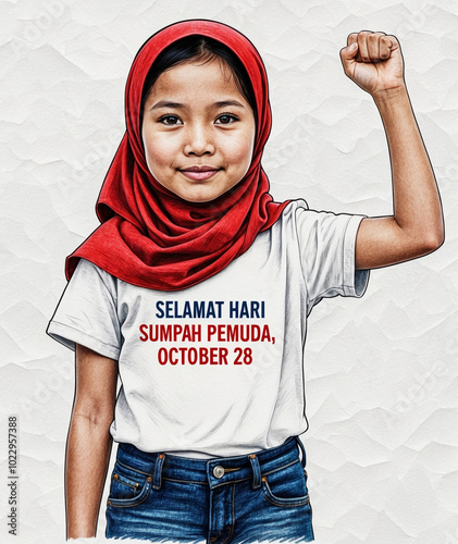 Young Asian girl clenches her fist for Indonesian Sumpah Pemuda Day