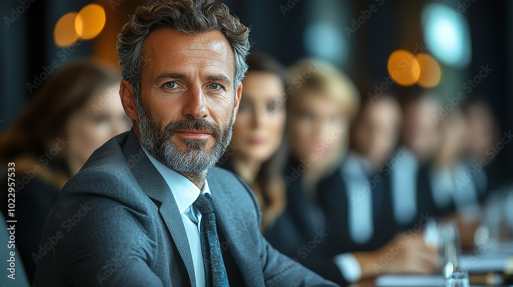 closeup photo of a professional businessman sitting on a business meeting in an office conference table and carefully looking at the camera on a presentation with smile, people sitting next to him 